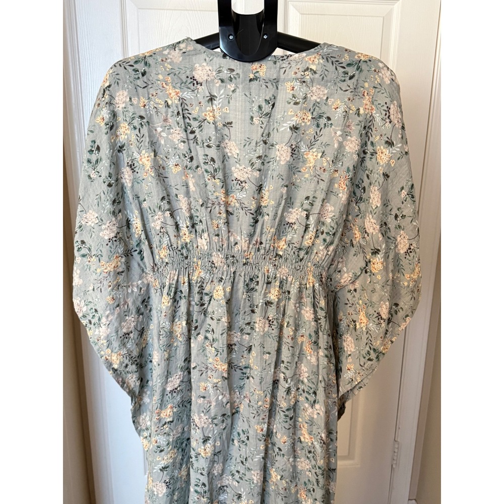 Natural Life Floral Kaftan Maxi Dress Sage Green Cotton V-Neck Empire Waist - Picture 7 of 7
